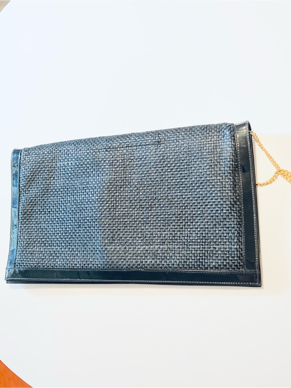 Vintage John Hort Stylish Black Woven Envelope Clutch with Gold Chain